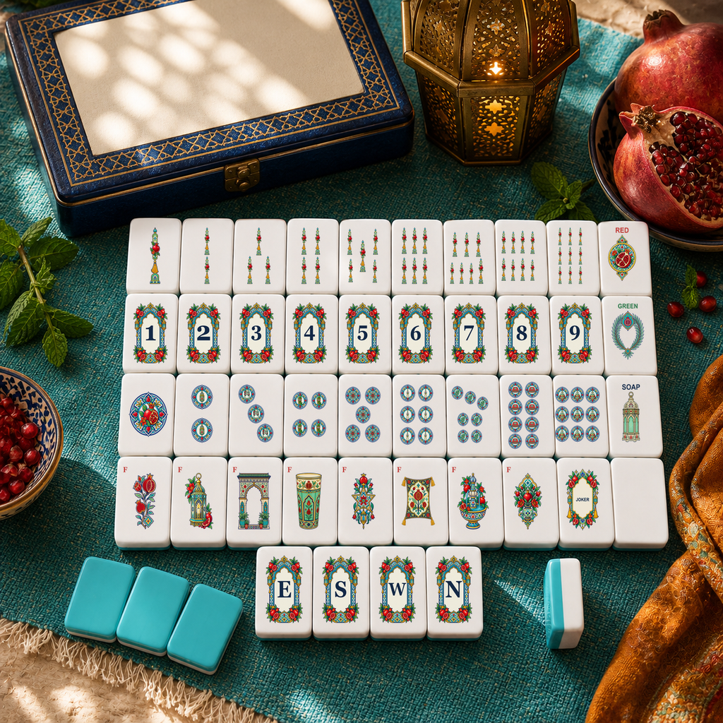 Moroccan Riad Pomegranate Lantern American Mahjong Set, 160 Tile Acrylic Mahjong Game, Themed Gift, Basic or Deluxe Set